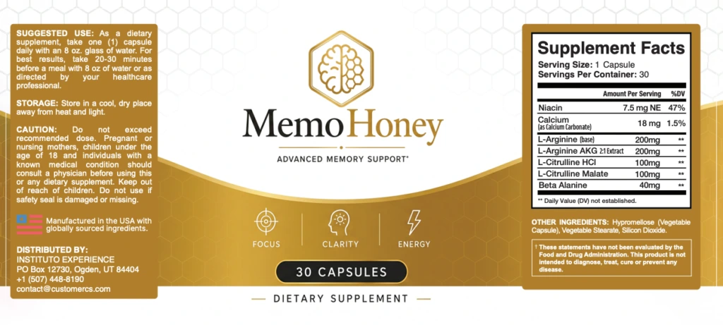 MemoHoney Supplement Facts label